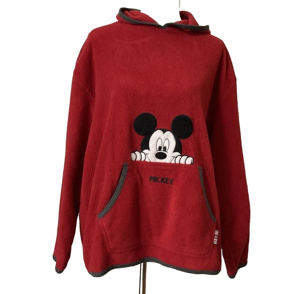 Mickey Unlimited Fleece Hooded Sweatshirt Sz XL Pouch Red with Embroidery